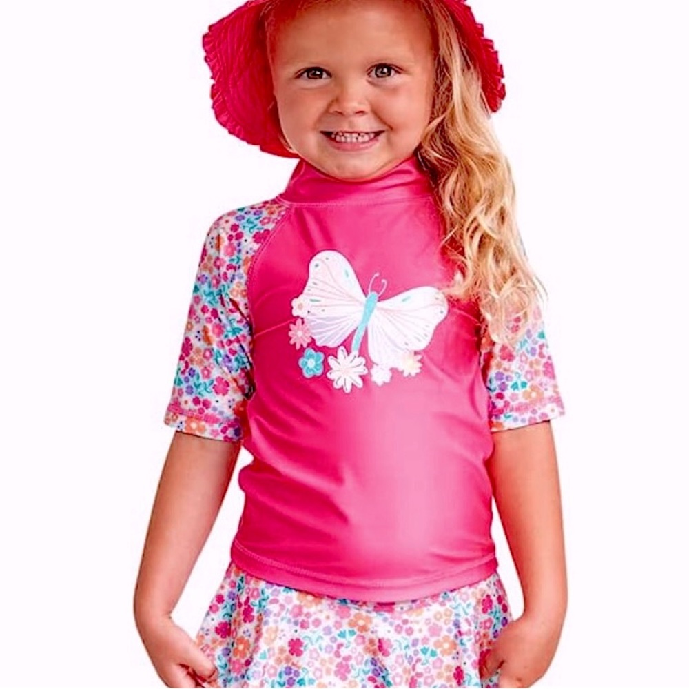 2T UV Skinz UPF 50+ Rashguard, 3/4 Raglan Sleeve, Butterfly Floral, Bright Pink - Picture 1 of 8